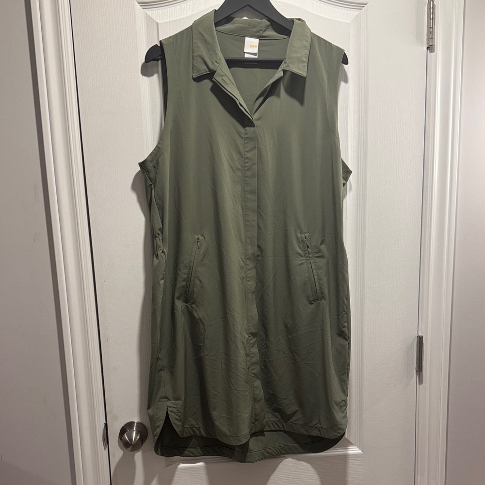 A-Lolë Olivie Army Green Shirt Dress Button Down Collared Elastic Waist L & XL